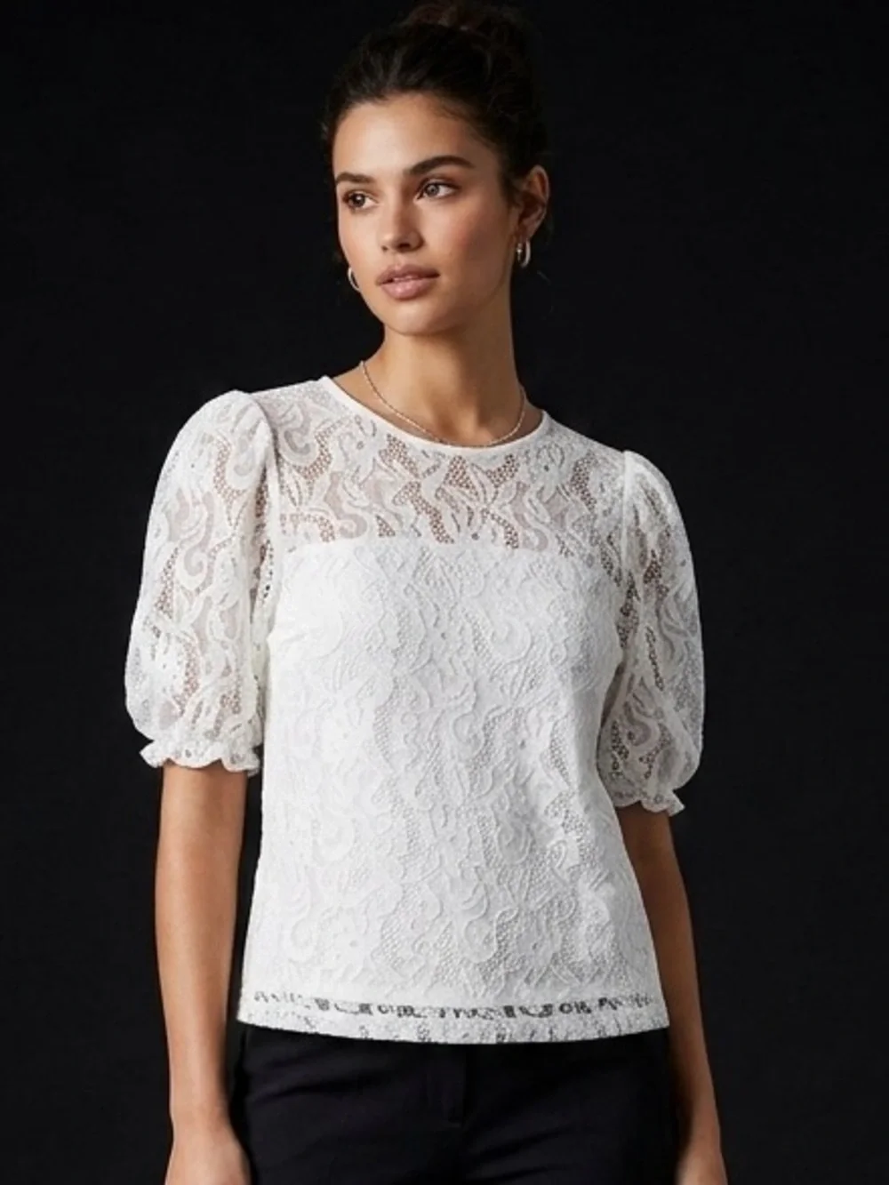 Anthropologie White Lace Puff-Sleeve Blouse